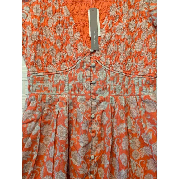 Anthropologie Ruffle Sleeve Smocked Midi Dress Orange Floral Button Front XXS - Picture 7 of 16